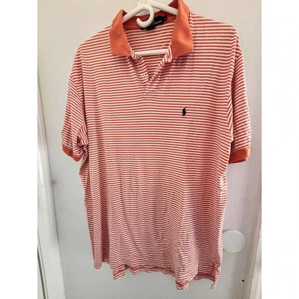 Polo Ralph Lauren Large Orange White Stripe 100% Cotton Large Polo 48x29 Clean